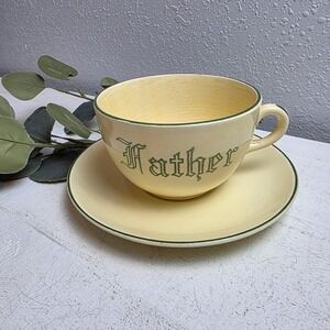 Vintage Continental Kilns 'Father' Oversized Ceramic Cup & Saucer Yellow & Green